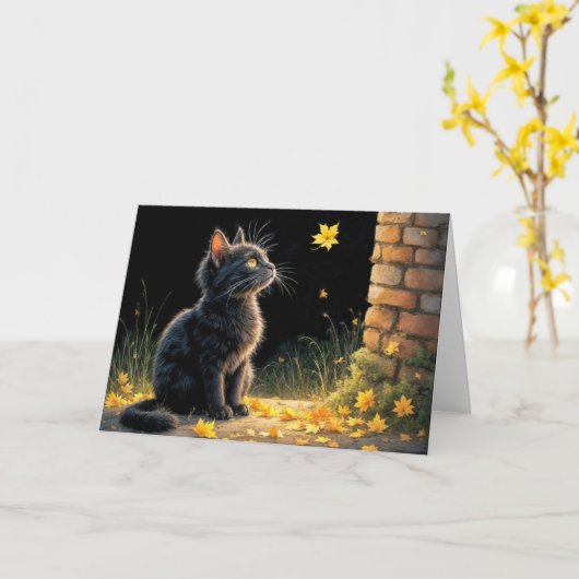 Kätzchen sieht ein fallendes Herbstblatt Karte (Gelbe Blume)