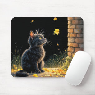 Kätzchen sieht ein fallendes Herbstblatt Mousepad