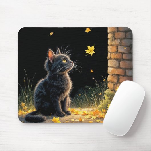 Kätzchen sieht ein fallendes Herbstblatt Mousepad (Mit Mouse)