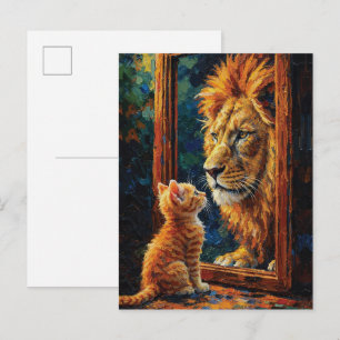 Kätzchen sieht Löwenreflexion Motivational Impasto Postkarte