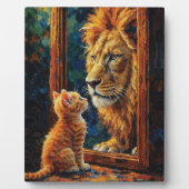 Kätzchen sieht Löwenreflexion Motivations-Impasto Fotoplatte (Vorderseite)