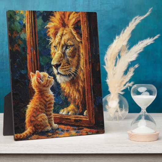 Kätzchen sieht Löwenreflexion Motivations-Impasto Fotoplatte (Seite)