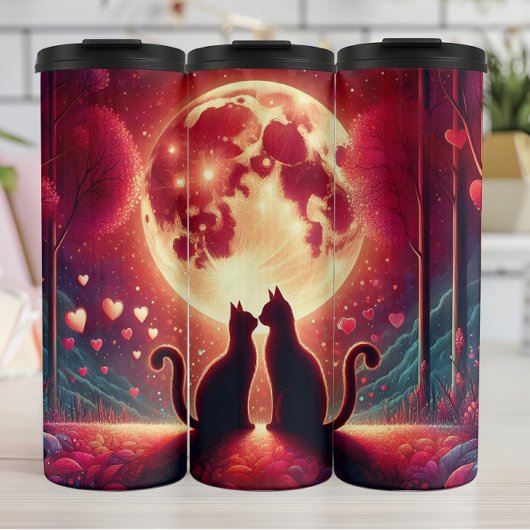 Kätzchen-Silhouette Mondlicht Valentinstag Thermosbecher