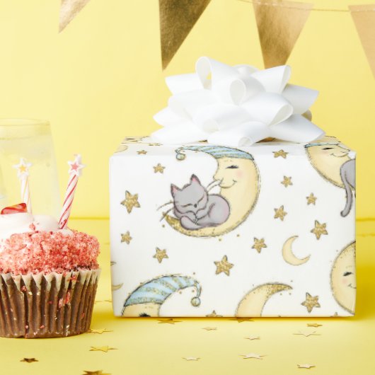 Kätzchen sitzt auf dem Mann im Mond Geschenkpapier (Geburtstagsparty)