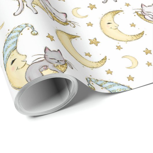 Kätzchen sitzt auf dem Mann im Mond Geschenkpapier (Rolleneckpunkt)