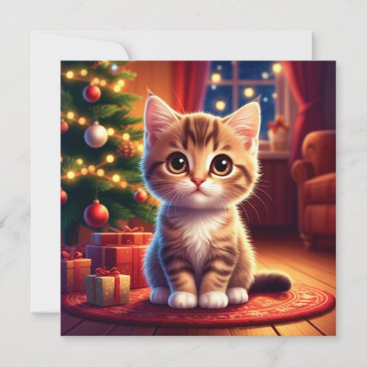 Kätzchen sitzt neben leuchtendem Weihnachtsbaum (Vorderseite)