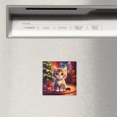 Kätzchen sitzt neben leuchtendem Weihnachtsbaum Magnet (In Situ (Geschirrspüler))