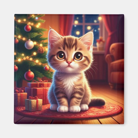 Kätzchen sitzt neben leuchtendem Weihnachtsbaum Magnet (Vorne)