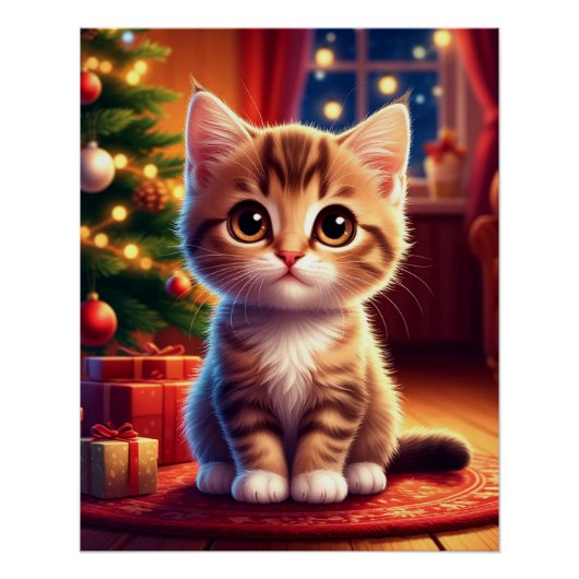 Kätzchen sitzt neben leuchtendem Weihnachtsbaum Poster (Vorderseite)