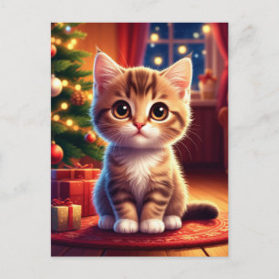 Kätzchen sitzt neben leuchtendem Weihnachtsbaum Postkarte