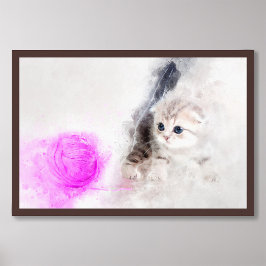 Kätzchen spielen mit rosa Garnkugel Aquarell Fotodruck
