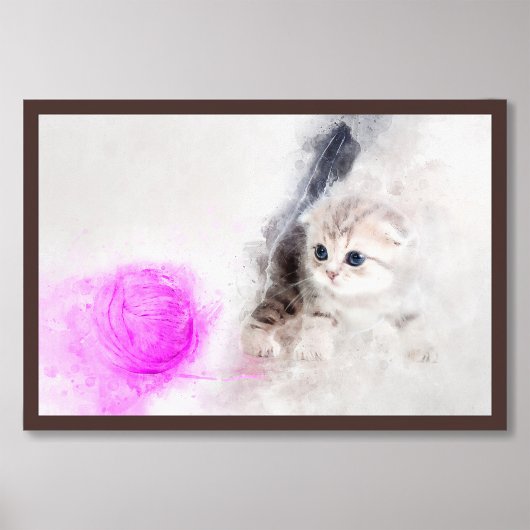 Kätzchen spielen mit rosa Garnkugel Aquarell Fotodruck