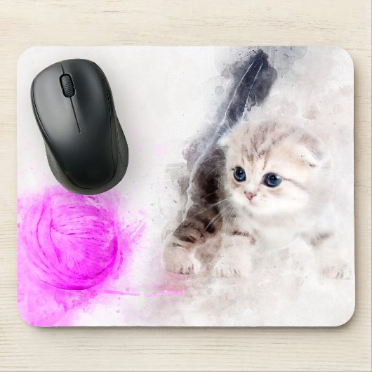 Kätzchen spielen mit rosa Garnkugel Aquarell Mousepad