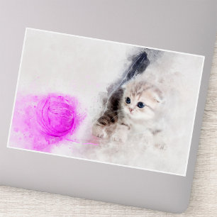 Kätzchen spielt mit einem rosa Garnball Aquarell Aufkleber