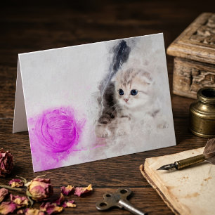 Kätzchen spielt mit einem rosa Garnball Aquarell Dankeskarte