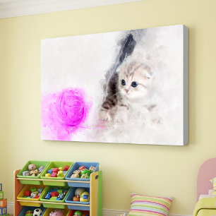 Kätzchen spielt mit einem rosa Garnball Aquarell Leinwanddruck
