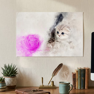 Kätzchen spielt mit einem rosa Garnball Aquarell Poster