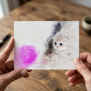 Kätzchen spielt mit einem rosa Garnball Aquarell Postkarte