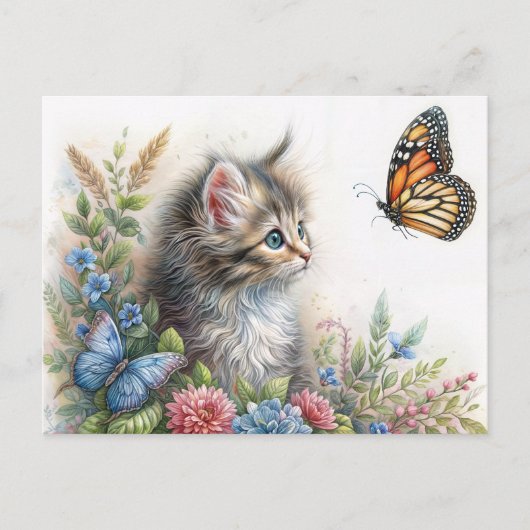Kätzchen starrt auf Schmetterling Blumenkunst Postkarte (Vorderseite)