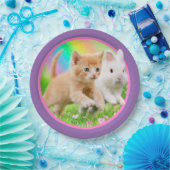 Kätzchen u. Häschen mit Regenbogen Pappteller (Party)