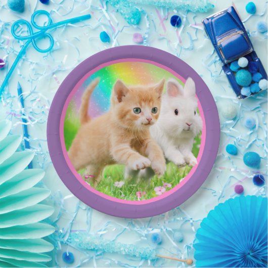 Kätzchen u. Häschen mit Regenbogen Pappteller (Party)