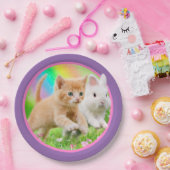 Kätzchen u. Häschen mit Regenbogen Pappteller (Party)