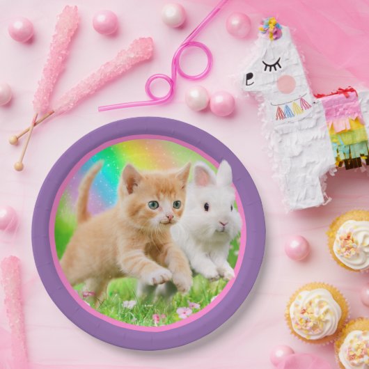 Kätzchen u. Häschen mit Regenbogen Pappteller (Party)