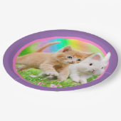 Kätzchen u. Häschen mit Regenbogen Pappteller (Schrägansicht)