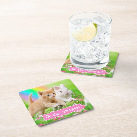 Kätzchen u. Häschen mit Regenbogen Rechteckiger Pappuntersetzer (Vor Ort)