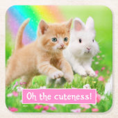 Kätzchen u. Häschen mit Regenbogen Rechteckiger Pappuntersetzer (Vorderseite)