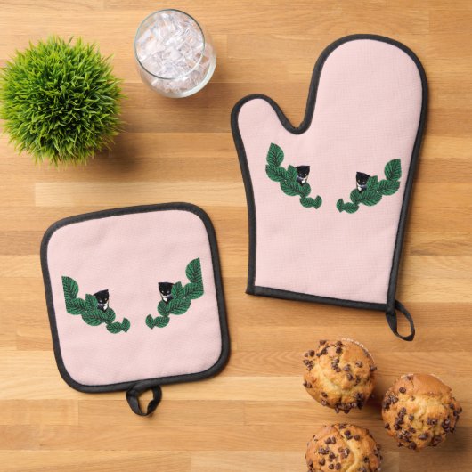 Kätzchen und Blätter Ofenhandschuh & Topflappen-Set (Oben Unten)