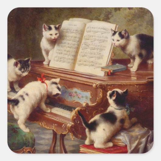 Kätzchen und Klavier Quadratischer Aufkleber (Vorderseite)
