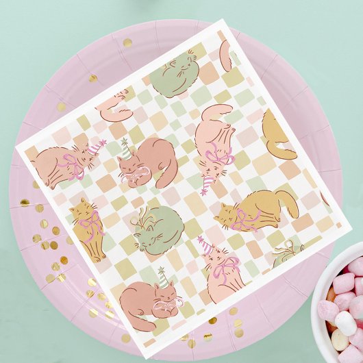 Kätzchen und Schleifen, Karierte Katzenparty Serviette