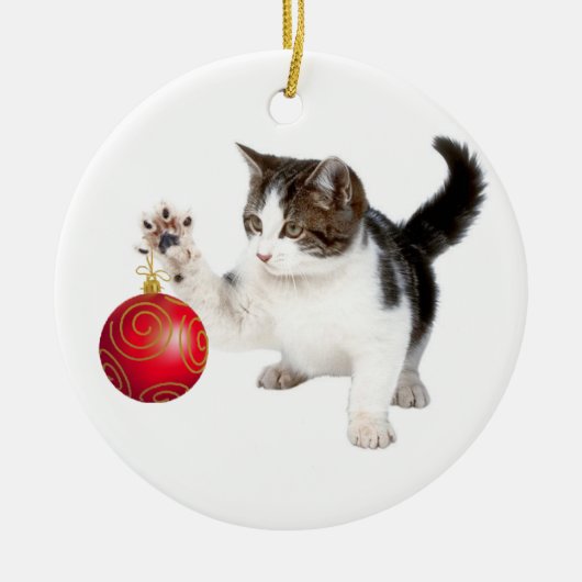 Kätzchen- und Weihnachtsball Keramikornament (Vorne)