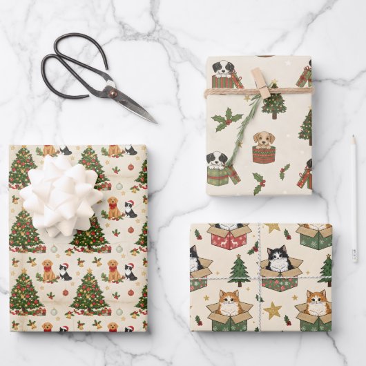 Kätzchen-, Welpen- und Weihnachtsbaum-Muster Geschenkpapier Set (Vorderseite)