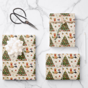 Kätzchen-, Welpen- und Weihnachtsbäume-Muster Geschenkpapier Set