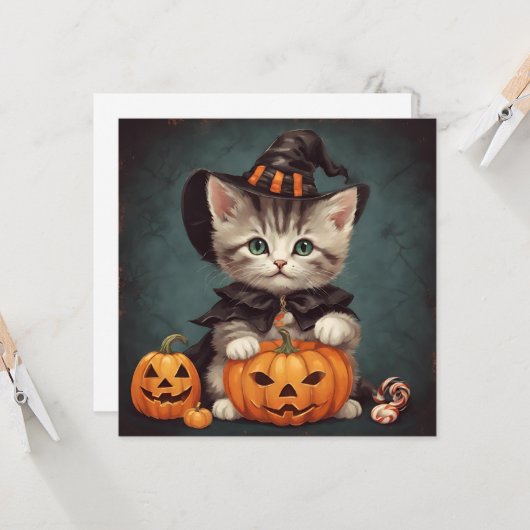 Kätzchen zu Halloween Kostüm und Jack-O'-Lantern Karte (Vorderseite/Rückseite Beispiel)