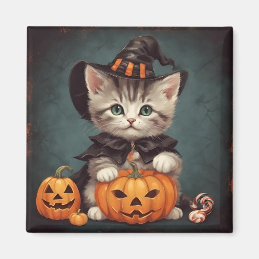 Kätzchen zu Halloween Kostüm und Jack-O'-Lantern Magnet (Vorne)