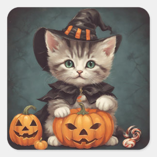 Kätzchen zu Halloween Kostüm und Jack-O'-Lantern Quadratischer Aufkleber