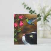 Katze 571 Tuxedo mit Hummingbird Postkarte (Stehend Vorderseite)