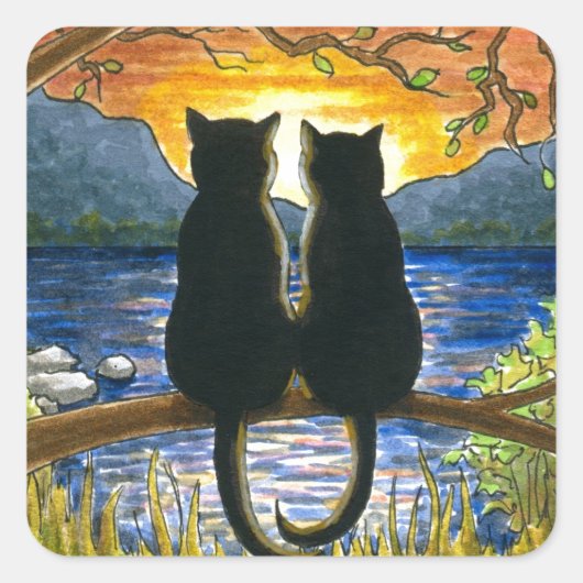 Katze 582 schwarze Katzen Quadratischer Aufkleber (Vorderseite)