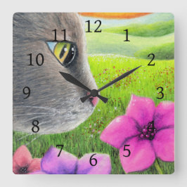 Katze 647 Blume Quadratische Wanduhr