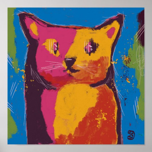 Katze, abstrakte digitale Malerei, helle Farben Poster (Vorne)