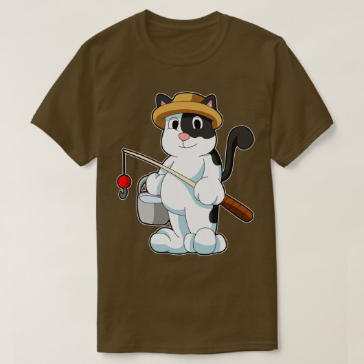 Katze als Angler mit Eimer Wasser T-Shirt (Design vorne)