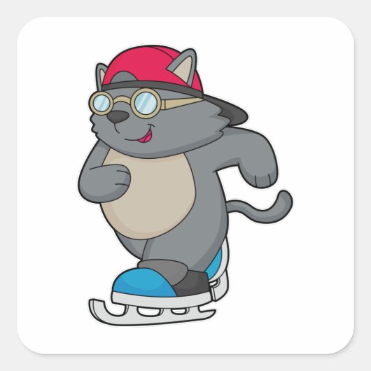 Katze als Eis-Skater mit Eis-Skaten Quadratischer Aufkleber (Vorderseite)