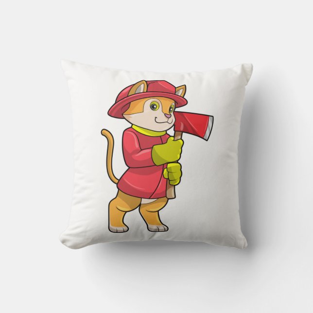 Katze als Feuerwehrmann mit Ax Kissen (Vorderseite)