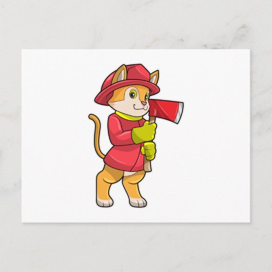 Katze als Feuerwehrmann mit Ax Postkarte (Vorderseite)