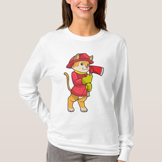 Katze als Feuerwehrmann mit Ax T-Shirt (Vorderseite)