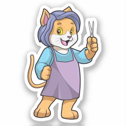 Katze als Friseur mit Schere Aufkleber (Vorderseite)