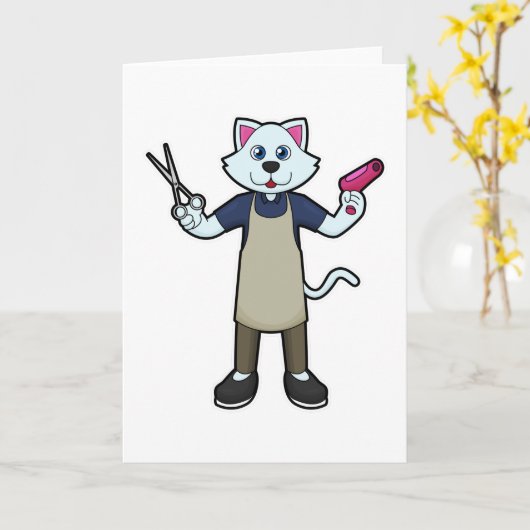 Katze als Friseur mit Schere & Haartrockner Karte (Gelbe Blume)